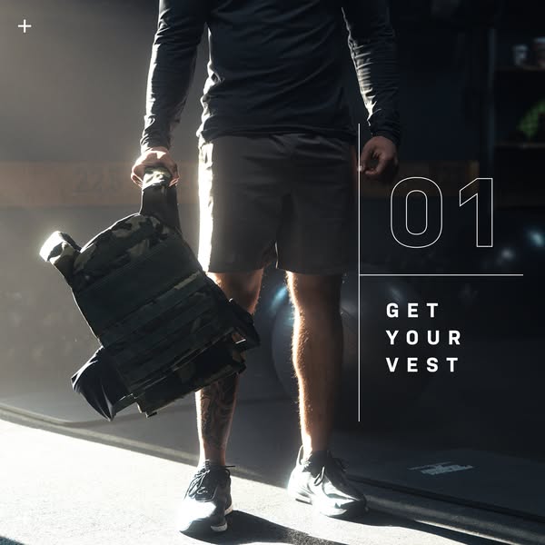 This ad shows a man in workout clothes holding a weighted vest. The ad is the first in a series of steps to get your ves