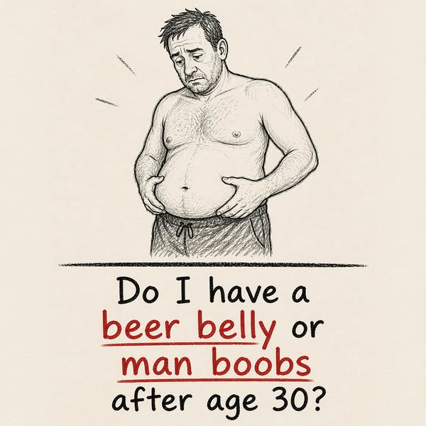 The ad uses a hand-drawn style illustration of a man contemplating his physique, accompanied by a question about whether
