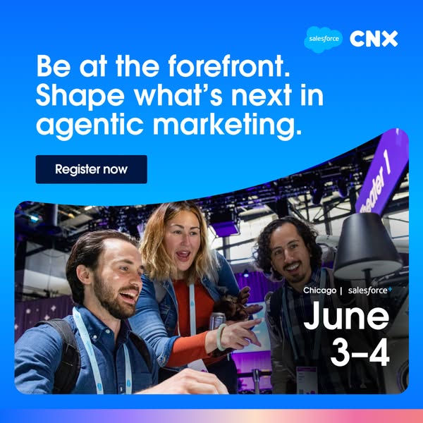 This ad promotes Salesforce's event, inviting viewers to be at the forefront of agentic marketing. The ad uses a pho