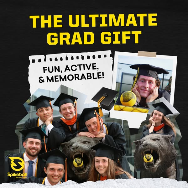 This ad is for Spikeball, a net and ball game. It uses an image of a group of smiling graduates as a recommendation to b