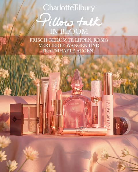 This ad showcases a range of Charlotte Tilbury Pillow Talk makeup products in a dreamy, floral-themed setting, emphasizi