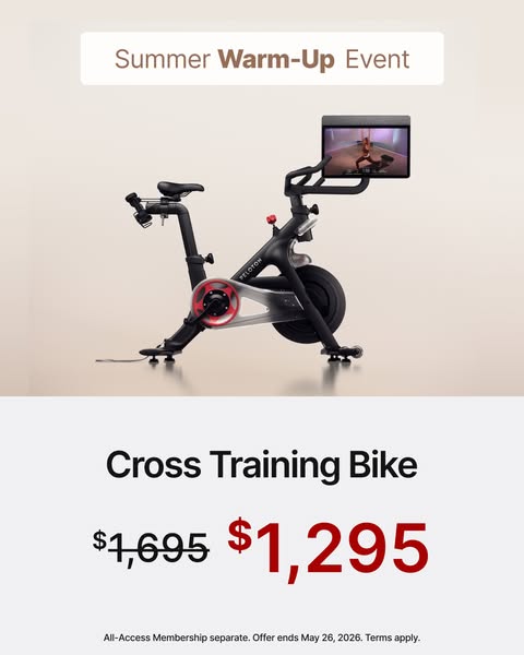 This image ad promotes the Peloton Cross Training Bike with a limited-time summer discount, emphasizing its availability