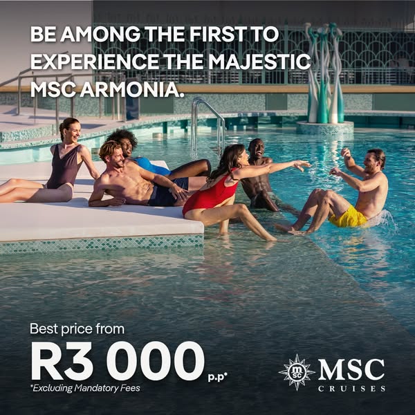 This ad promotes MSC Armonia cruises with an image of people enjoying a cruise ship swimming pool. The ad aims to attrac