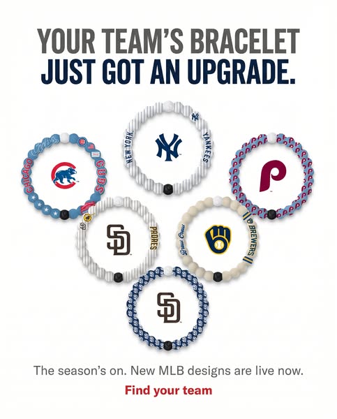 This image ad promotes MLB team bracelets, highlighting an upgraded design and encouraging viewers to find their team