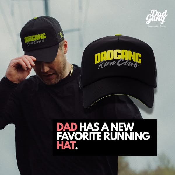 This image ad showcases a black 'DADGANG Run Club' baseball cap, highlighting its design and promoting it as a n