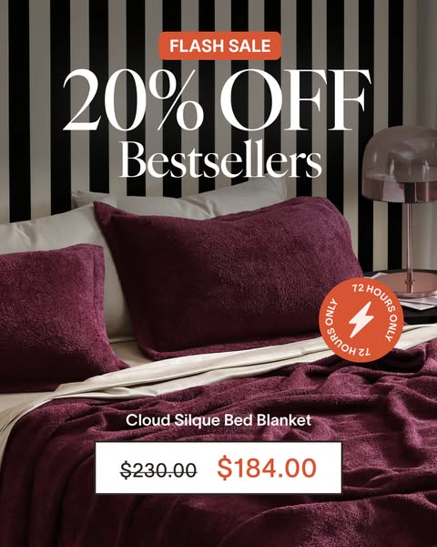 An advertisement for Cloud Silque Bed Blankets, advertising a flash sale of 20% off.