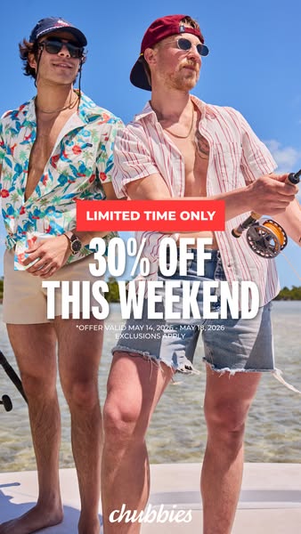 An image ad from Chubbies promoting 30% off their products this weekend.