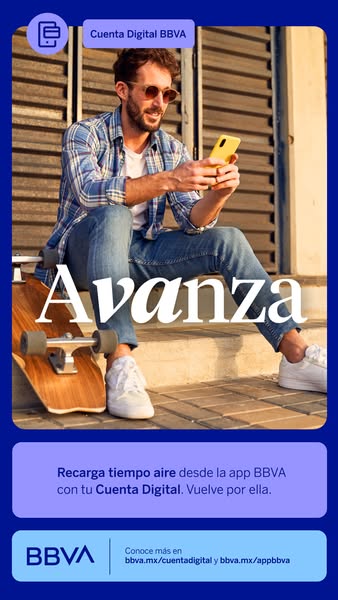 This image ad for BBVA Cuenta Digital features a young man using his phone while sitting on a staircase with a skateboar