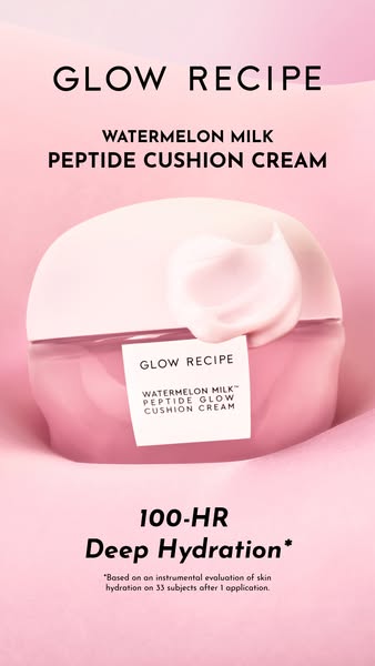 This ad features Glow Recipe's Watermelon Milk Peptide Cushion Cream. It highlights the product and emphasizes its 1