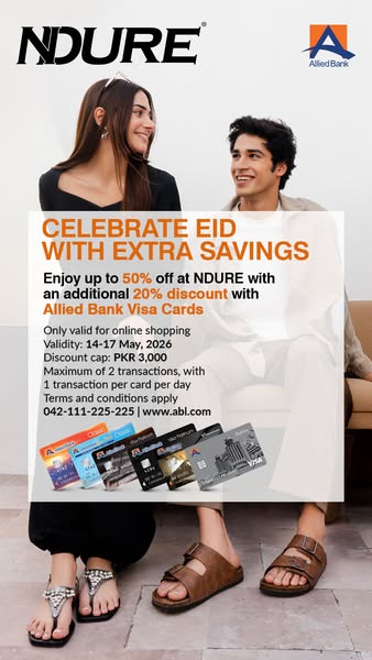 This image ad promotes NDURE, advertising up to 50% off plus an additional 20% discount with Allied Bank Visa Cards. The