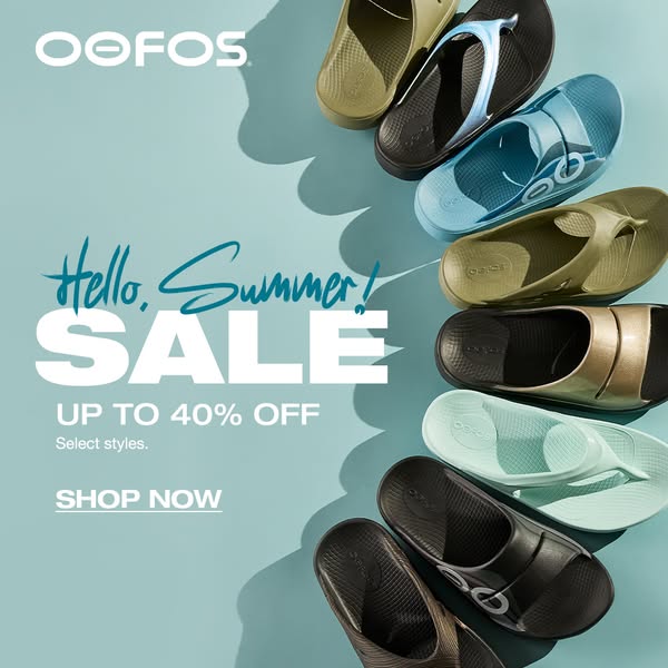 This image ad for OOFOS promotes a summer sale with up to 40% off select styles. Several pairs of OOFOS recovery footwea