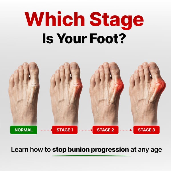 This image ad is for a bunion product. The ad is structured around a visual comparison of four different stages of bunio