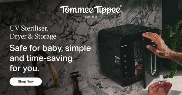 This ad highlights the features and benefits of the Tommee Tippee UV Steriliser, Dryer & Storage unit, emphasizing i