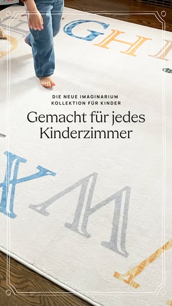 This image ad features a rug designed for a child's room from the Imaginarium collection. The rug has large alphabet