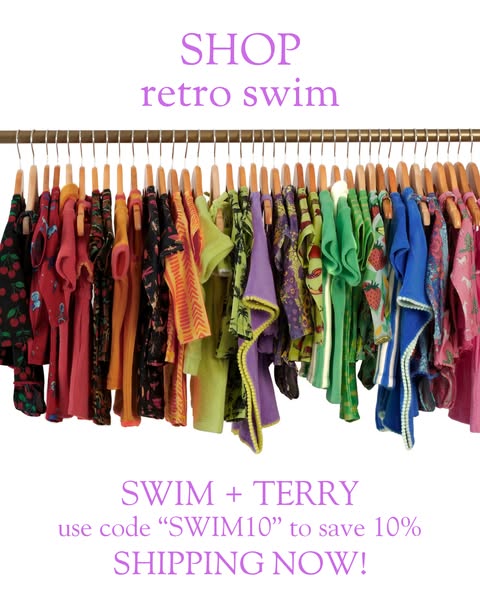 This image ad showcases a rack of colorful vintage-style swimwear and terry cloth coverups, promoting a 10% discount wit