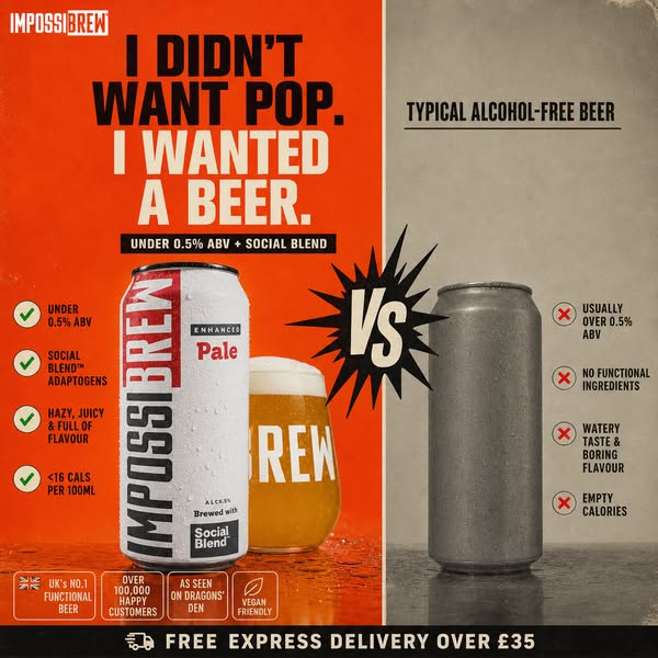 This image ad uses a 'versus' layout to position Impossibrew, an alcohol-free beer with adaptogens, against typi