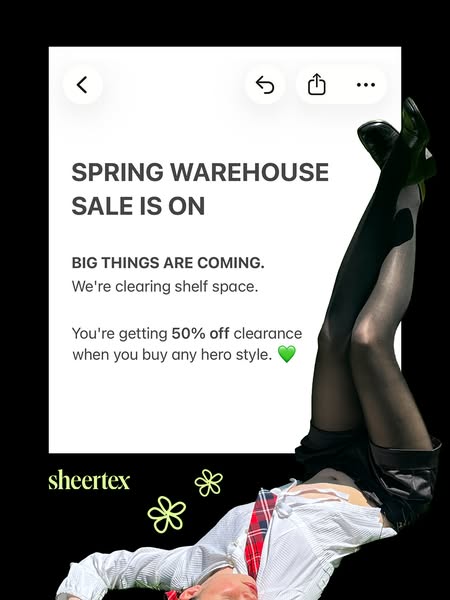 This ad shows a screenshot of a sale announcement, with a model wearing tights and boots.