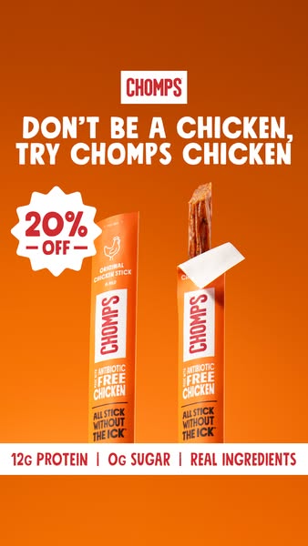 An image ad for Chomps chicken snack sticks. The ad encourages viewers to "try Chomps chicken" and highlights 