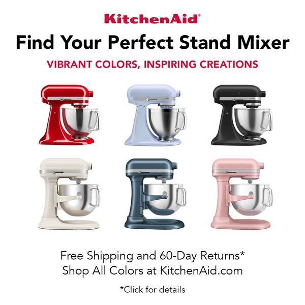 This ad for KitchenAid stand mixers showcases the variety of colors available and promotes free shipping and returns whe