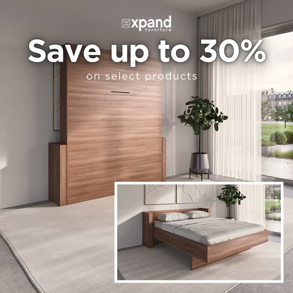 An advertisement for Expand Furniture featuring the functionality of a Murphy bed. The main focus is on the 'before-