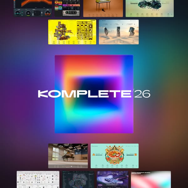Ad for Komplete 26 software, displays the name of the product prominently as well as various screens of the software'