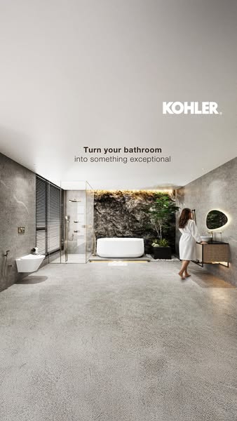 This ad showcases the modern and elegant bathroom fixtures that Kohler offers. The ad features a woman walking into a lu