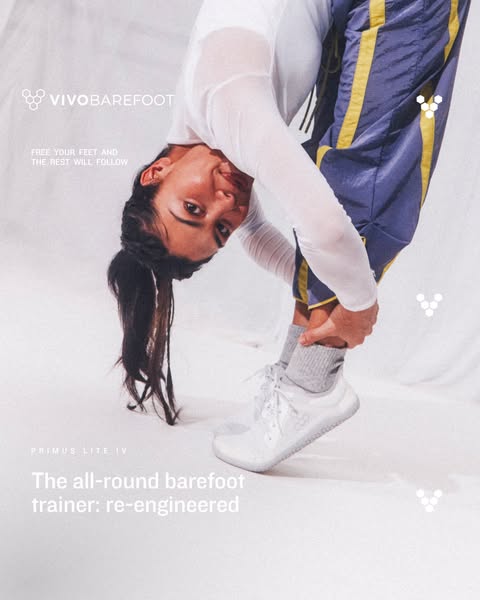 Ad for Vivobarefoot Primus Lite IV shoes, featuring a person bending over and touching their toes while wearing the shoe