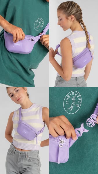 A 4-part image ad shows two people modeling a small lilac purple bag.