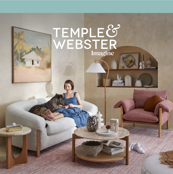 This image ad for Temple & Webster showcases a range of furniture and home decor items within a styled living space.
