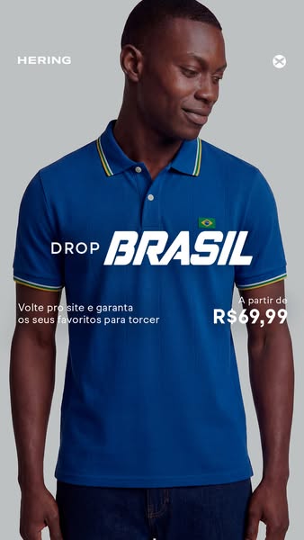 This ad for Hering features a man wearing a blue polo shirt with yellow and green trim and a small Brazil flag on the ch
