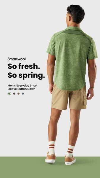 This ad for Smartwool features a man wearing the Men's Everyday Short Sleeve Button Down shirt. The ad emphasizes th