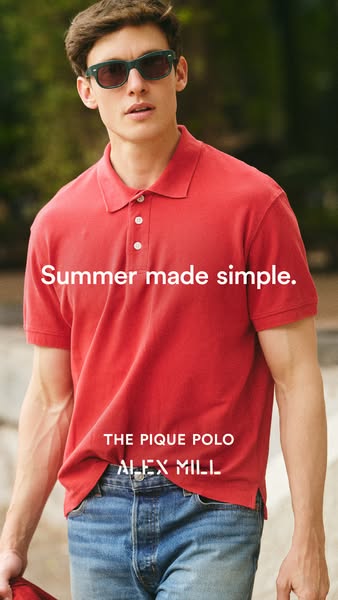 This ad features a single frame with a photo of a man wearing a red polo shirt and denim jeans. The ad highlights the pr