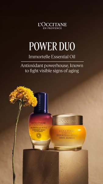 This ad features L'Occitane en Provence Immortelle Essential Oil and Immortelle Divine Creme Jeunesse. The ad highli