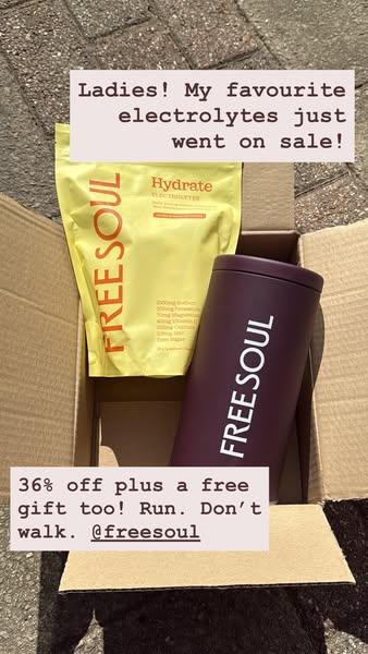 This ad features a product shot of Free Soul's Hydrate electrolytes and a Free Soul water bottle inside of a cardboa