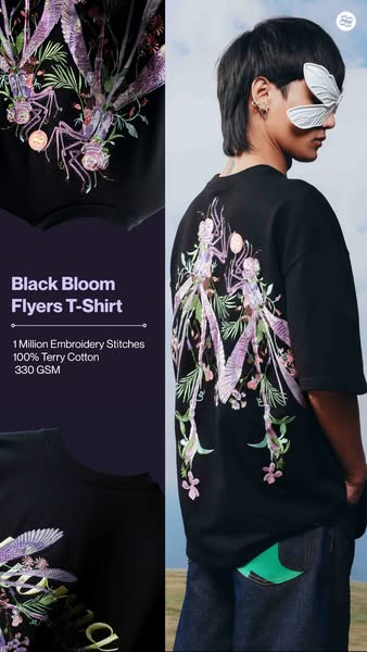 An image ad showcasing the 'Black Bloom Flyers T-Shirt', highlighting its unique embroidery and material quality