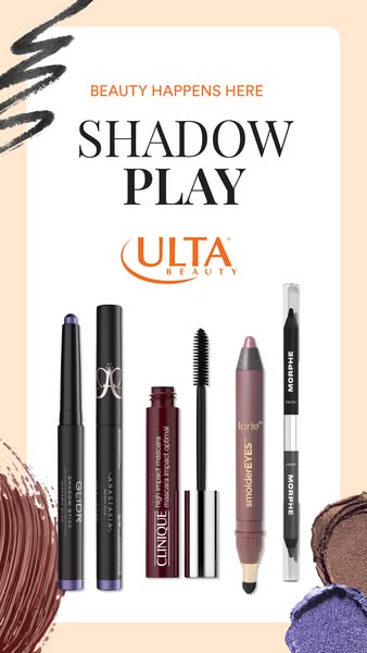 This ad for Ulta Beauty promotes eyeshadow products, highlighting different brands, colors, and formats. The central foc