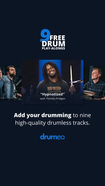 This ad promotes Drumeo's offer of 9 free drum play-along tracks to help drummers improve their skills.