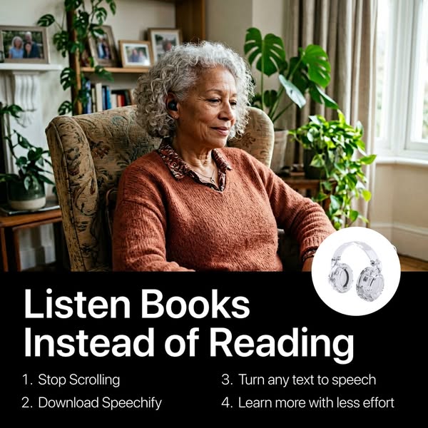 The ad features an older woman in a comfortable armchair listening to something on a pair of earbud headphones. The text