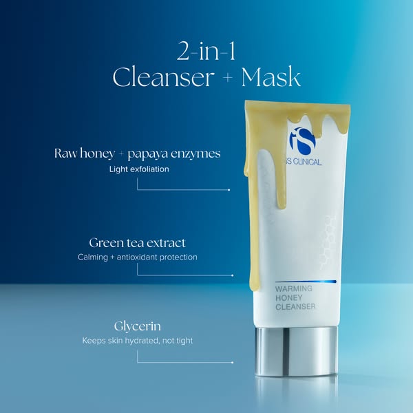 This image ad showcases iS Clinical Warming Honey Cleanser as a 2-in-1 product. It highlights key ingredients such as ra