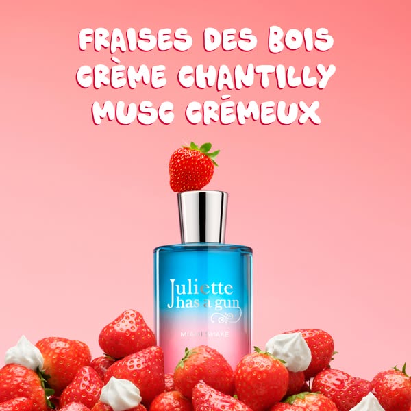 This ad features an image of a bottle of Juliette Has a Gun Mia's Shake perfume surrounded by fresh strawberries and