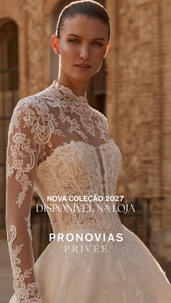This image showcases a wedding dress with a lace bodice and sleeves, promoting the Pronovias Privée collection. The ad h
