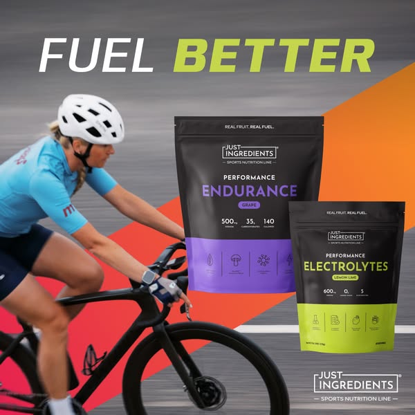 An image ad for Just Ingredients products. The ad features a woman on a bicycle, an image of Just Ingredients' Perfo