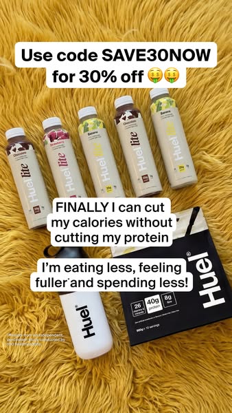 This ad shows a variety of Huel lite drinks and a bag of Huel powder, promoting the idea of reducing calories without cu