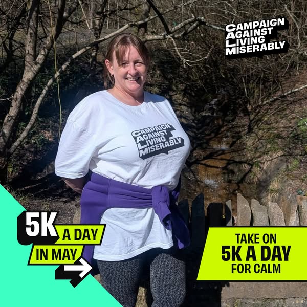 An image ad promoting the Campaign Against Living Miserably's 5K a Day for Calm challenge in May. The ad features a 