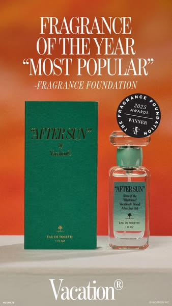 This ad showcases Vacation's After Sun fragrance, highlighting its award-winning status and association with the bra