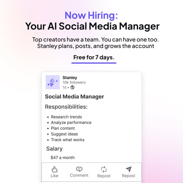 Ad for Stanley, an AI social media manager, highlighting its capabilities and offering a free trial.