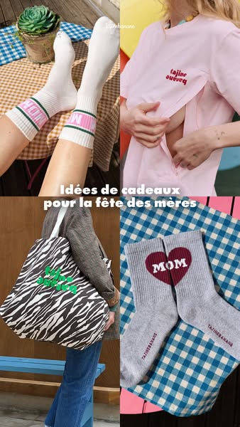 A 4-image product collage ad featuring socks and a shirt and tote bag with the Tajinebanane brand logo. The ad is for Mo