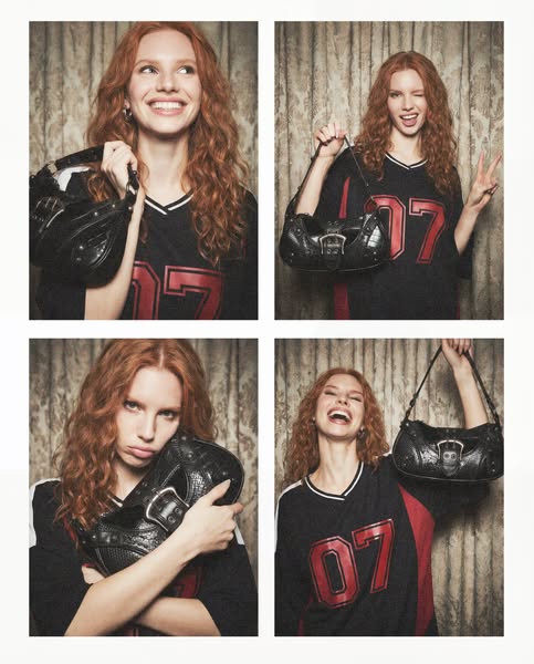 This ad uses a photo collage of a red-haired woman posing with a black purse, each in a slightly different pose. The pho