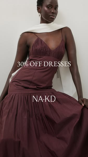 This image ad by NA-KD promotes a 30% off discount on dresses, featuring a model wearing a dark brown dress with a white