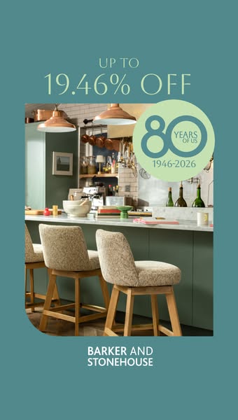Image ad showcasing a teal-themed kitchen set with three chairs, emphasizing a sale of up to 19.46% off, celebrating the